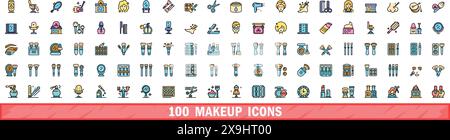 100 makeup icons set. Color line set of makeup vector icons thin line color flat on white Stock Vector