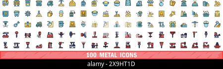 100 metal icons set. Color line set of metal vector icons thin line color flat on white Stock Vector
