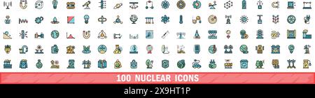 100 nuclear icons set. Color line set of nuclear vector icons thin line color flat on white Stock Vector