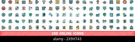 100 online icons set. Color line set of online vector icons thin line color flat on white Stock Vector
