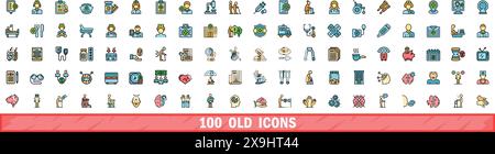 100 old icons set. Color line set of old vector icons thin line color flat on white Stock Vector