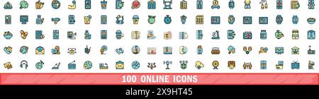 100 online icons set. Color line set of online vector icons thin line color flat on white Stock Vector