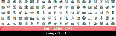 100 plastic icons set. Color line set of plastic vector icons thin line color flat on white Stock Vector