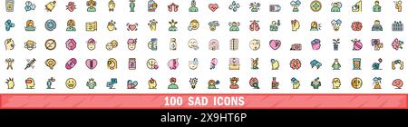 100 sad icons set. Color line set of sad vector icons thin line color flat on white Stock Vector