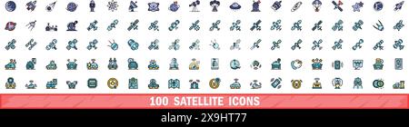 100 satellite icons set. Color line set of satellite vector icons thin line color flat on white Stock Vector