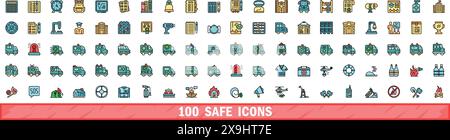 100 safe icons set. Color line set of safe vector icons thin line color flat on white Stock Vector