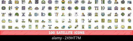 100 satellite icons set. Color line set of satellite vector icons thin line color flat on white Stock Vector