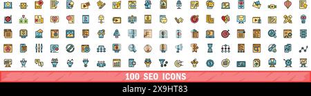 100 seo icons set. Color line set of seo vector icons thin line color flat on white Stock Vector