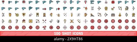 100 shot icons set. Color line set of shot vector icons thin line color flat on white Stock Vector