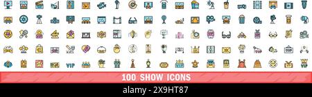 100 show icons set. Color line set of show vector icons thin line color flat on white Stock Vector