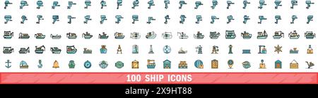 100 ship icons set. Color line set of ship vector icons thin line color flat on white Stock Vector