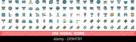 100 signal icons set. Color line set of signal vector icons thin line color flat on white Stock Vector