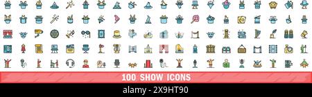 100 show icons set. Color line set of show vector icons thin line color flat on white Stock Vector