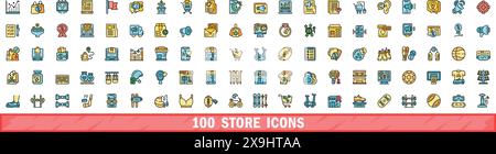 100 store icons set. Color line set of store vector icons thin line color flat on white Stock Vector