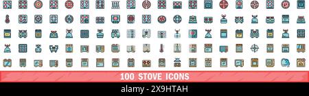 100 stove icons set. Color line set of stove vector icons thin line color flat on white Stock Vector