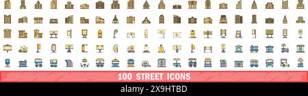 100 street icons set. Color line set of street vector icons thin line color flat on white Stock Vector