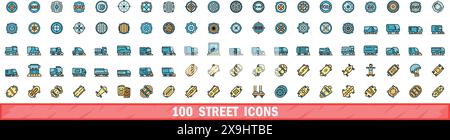 100 street icons set. Color line set of street vector icons thin line color flat on white Stock Vector