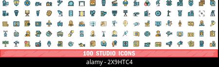 100 studio icons set. Color line set of studio vector icons thin line color flat on white Stock Vector