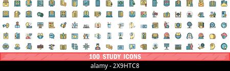 100 study icons set. Color line set of study vector icons thin line color flat on white Stock Vector