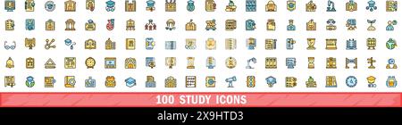 100 study icons set. Color line set of study vector icons thin line color flat on white Stock Vector