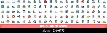 100 summer icons set. Color line set of summer vector icons thin line color flat on white Stock Vector