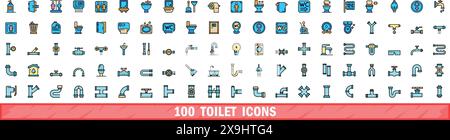 100 toilet icons set. Color line set of toilet vector icons thin line color flat on white Stock Vector