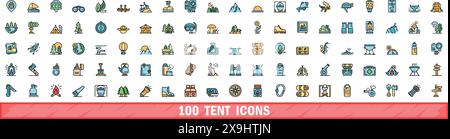 100 tent icons set. Color line set of tent vector icons thin line color flat on white Stock Vector