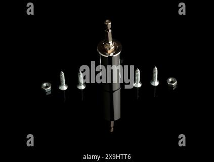 Metal screws nuts and an socket attachment Stock Photo