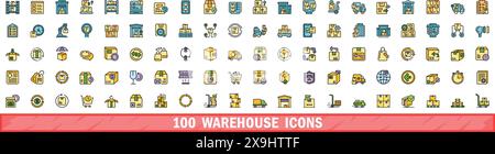 100 warehouse icons set. Color line set of warehouse vector icons thin line color flat on white Stock Vector