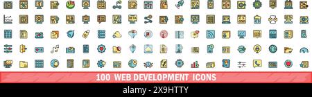 100 web development icons set. Color line set of web development vector icons thin line color flat on white Stock Vector