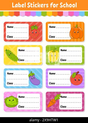 Name and class. Back to school labels. Set stickers for notebook. Bright stickers. Rectangular label. Vector illustration. Stock Vector