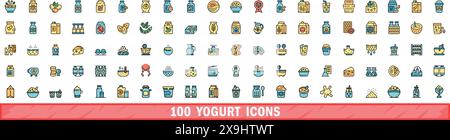 100 yogurt icons set. Color line set of yogurt vector icons thin line color flat on white Stock Vector