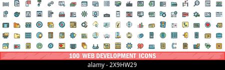 100 web development icons set. Color line set of web development vector icons thin line color flat on white Stock Vector
