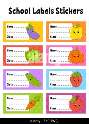 Name and class. Back to school labels. Set stickers for notebook. Bright stickers. Rectangular label. Vector illustration. Stock Vector