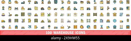 100 warehouse icons set. Color line set of warehouse vector icons thin line color flat on white Stock Vector