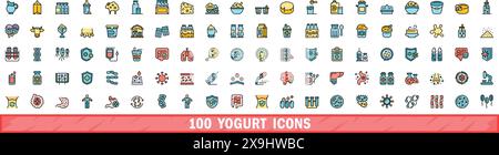 100 yogurt icons set. Color line set of yogurt vector icons thin line color flat on white Stock Vector
