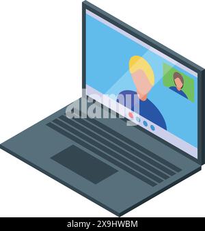 Colorful isometric illustration of an open laptop with a video conference interface on the screen Stock Vector