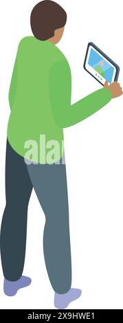 Vector illustration of a man using a tablet with touchscreen technology in a modern. Portable. And isometric design. Standing and browsing the internet. Engaging in social media. And working online Stock Vector