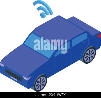 Illustration of a blue isometric smart car with a wifi sign, depicting modern wireless technology in automobiles Stock Vector