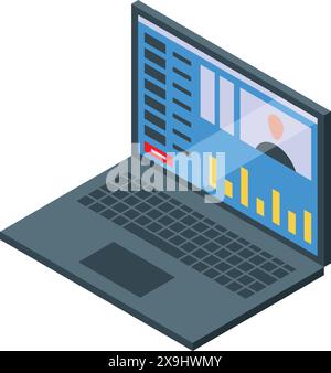 Illustration of an open laptop displaying colorful charts, graphs for business analytics Stock Vector