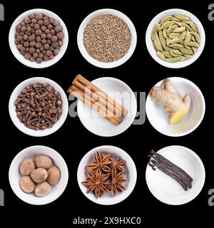 Christmas spices and the scents of winter holidays, in white bowls, on black background. Stock Photo
