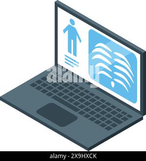 3d isometric illustration of a laptop displaying user profile and data charts, in a blue and gray palette Stock Vector