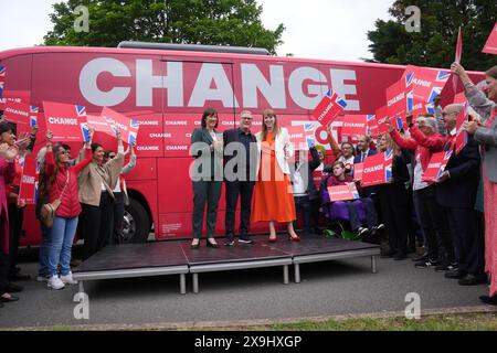 (left-right) Shadow chancellor Rachel Reeves, Labour Party leader Sir Keir Starmer and deputy Labour leader Angela Rayner, at the launch event for Labour's campaign bus at Uxbridge College, while on the General Election campaign trail. Picture date: Saturday June 1, 2024. Stock Photo