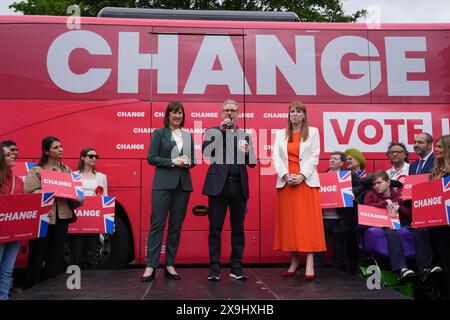 (left-right) Shadow chancellor Rachel Reeves, Labour Party leader Sir Keir Starmer and deputy Labour leader Angela Rayner, at the launch event for Labour's campaign bus at Uxbridge College, while on the General Election campaign trail. Picture date: Saturday June 1, 2024. Stock Photo