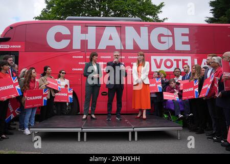 (left-right) Shadow chancellor Rachel Reeves, Labour Party leader Sir Keir Starmer and deputy Labour leader Angela Rayner, at the launch event for Labour's campaign bus at Uxbridge College, while on the General Election campaign trail. Picture date: Saturday June 1, 2024. Stock Photo