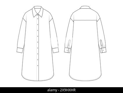 Vector fashion technical drawing of a button-down shirt dress with front and back view. Long sleeved. Woven fabric. Stock Vector
