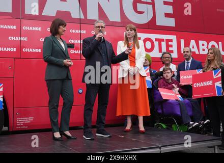 (left-right) Shadow chancellor Rachel Reeves, Labour Party leader Sir Keir Starmer and deputy Labour leader Angela Rayner, at the launch event for Labour's campaign bus at Uxbridge College, while on the General Election campaign trail. Picture date: Saturday June 1, 2024. Stock Photo