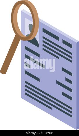 Detailed isometric illustration of document inspection with magnifying glass for quality control, data verification, and business paperwork scrutiny in 3d vector art Stock Vector