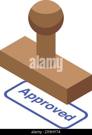 Isometric approved stamp illustration with 3d render and wooden blue imprint for certification, accreditation, and authorization in business and administrative paperwork concept Stock Vector