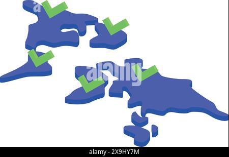 Stylized 3d world map in blue with green check marks at multiple locations Stock Vector